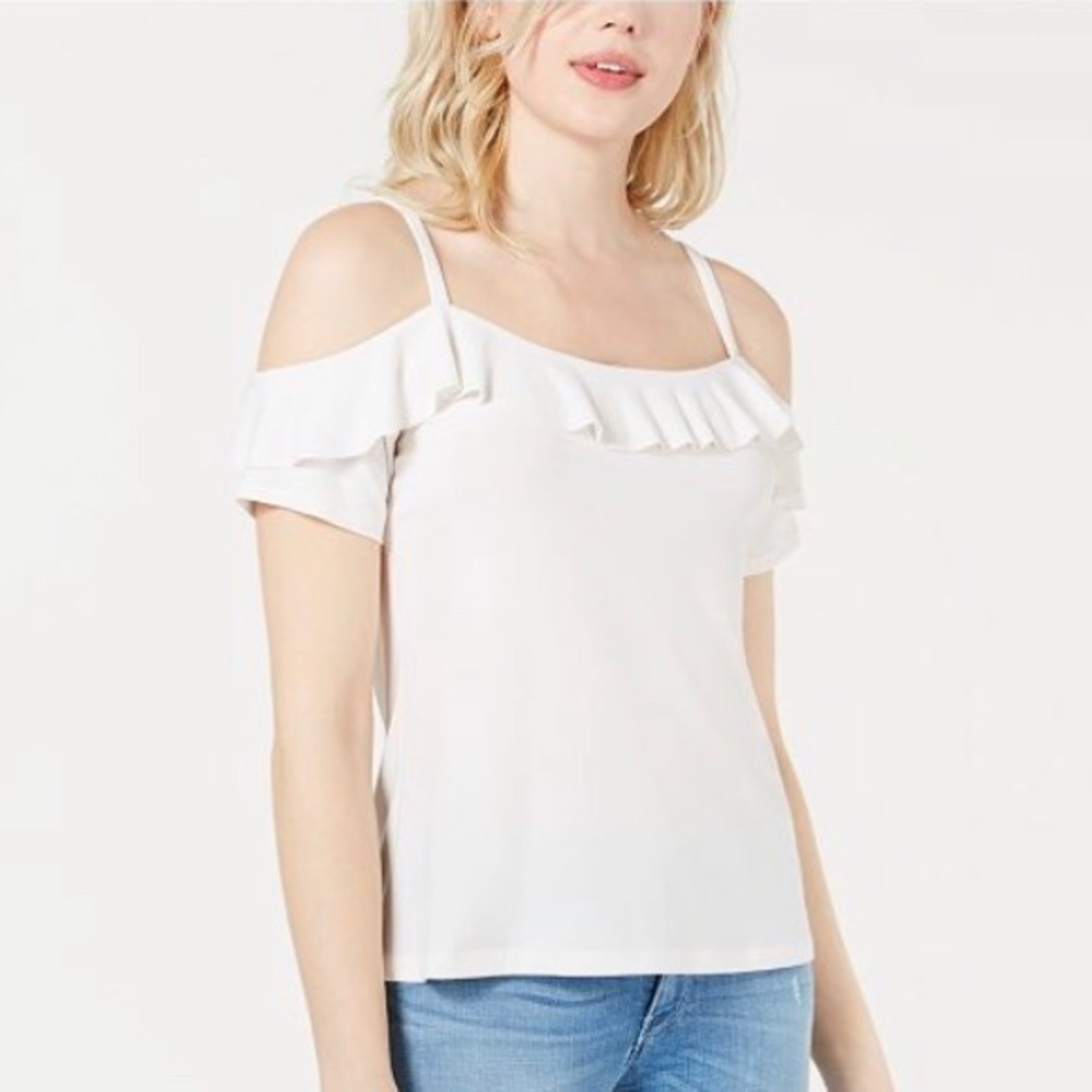 Bar III White Cold Shoulder Ruffle Top